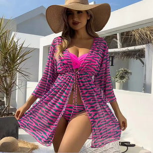 Women's Polyester Low Waist Printed Pattern Three-Piece Bikini Set