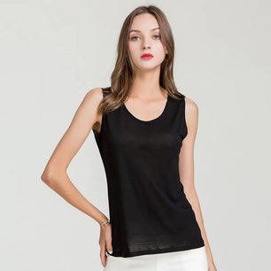 Women's Silk O-Neck Sleeveless Solid Pattern Casual Wear Tops