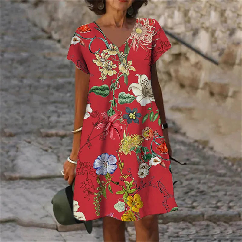 Women's Polyester V-Neck Short Sleeves Mini Casual Floral Dress