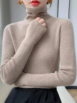 Women's Acrylic Turtleneck Long Sleeves Solid Pattern Sweater