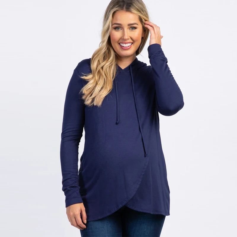 Women's Spandex Full Sleeves Solid Pattern Hooded Maternity Top