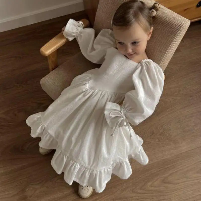 Baby Girl's Cotton Long Sleeves Solid Pattern Princess Dress