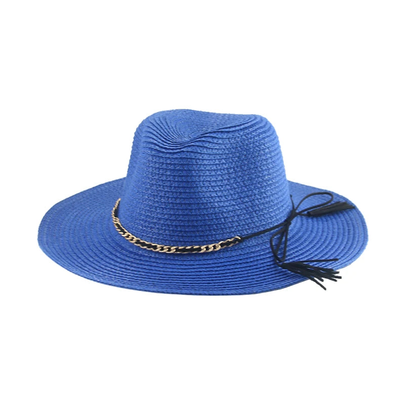 Women's Straw Solid Pattern Trendy Sun Protection Chain Brim Hat