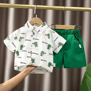 Kid's Boy Cotton Turn-Down Collar Short Sleeves Swimwear Set