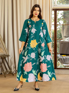 Women's Arabian Polyester Full Sleeves Floral Pattern Dress