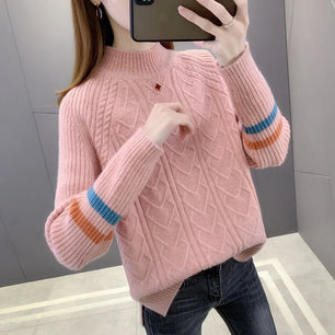 Women's Polyester Mock-Neck Full Sleeves Knitted Pattern Sweater