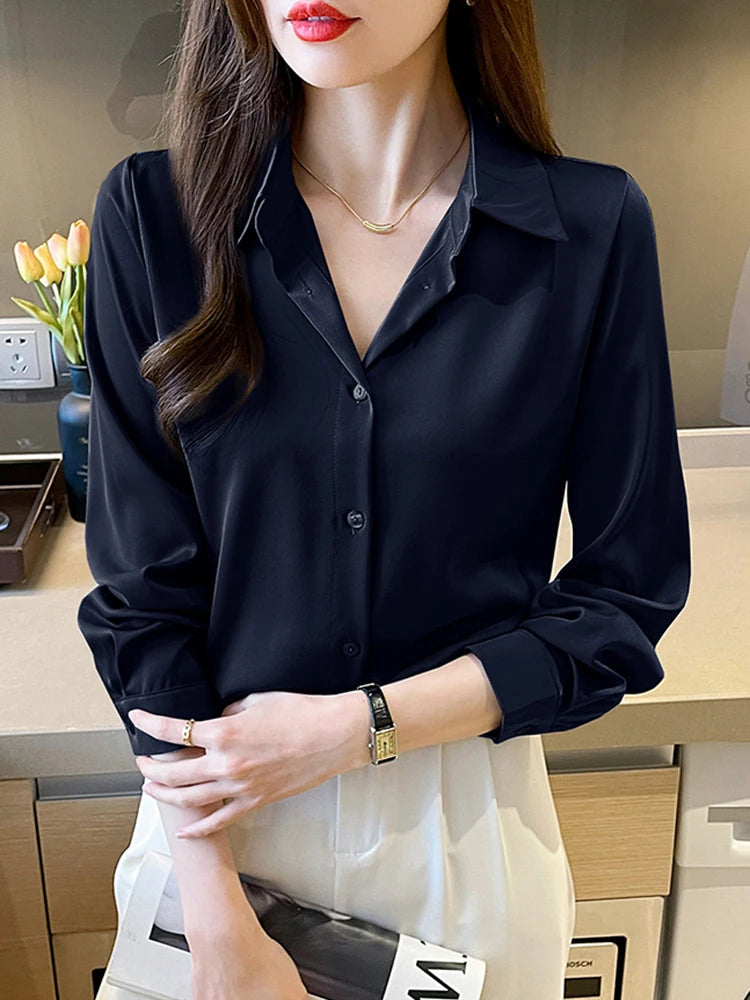 Women's Acetate Turn-Down Collar Long Sleeve Casual Wear Blouse