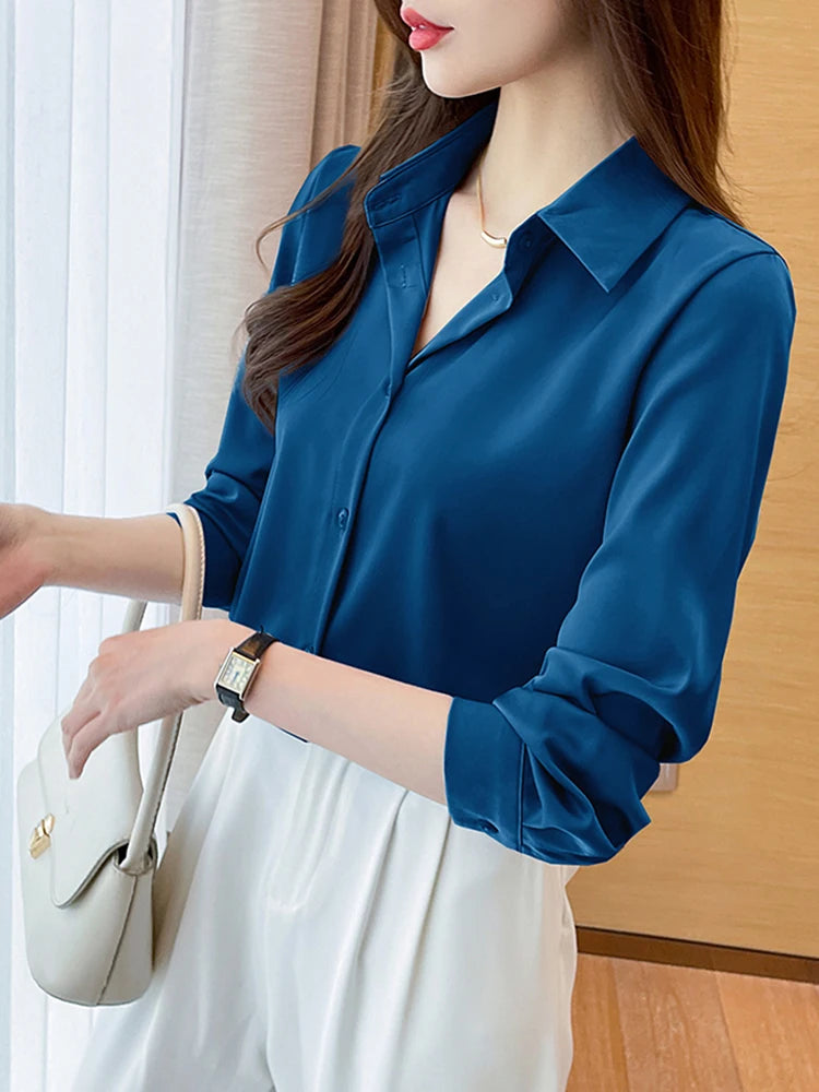 Women's Acetate Turn-Down Collar Long Sleeve Casual Wear Blouse