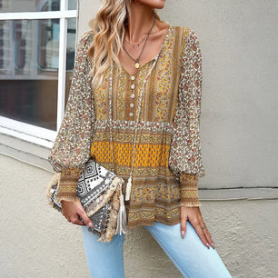 Women's Polyester V-Neck Long Sleeves Printed Pattern Casual Tops