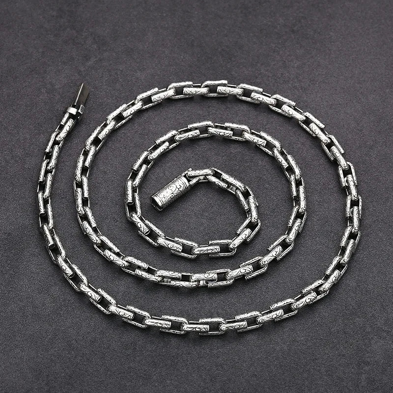 Men's 925 Sterling Silver Link Chain Geometric Pattern Necklace