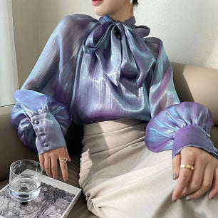 Women's Polyester Bow Collar Long Sleeves Solid Pattern Blouse