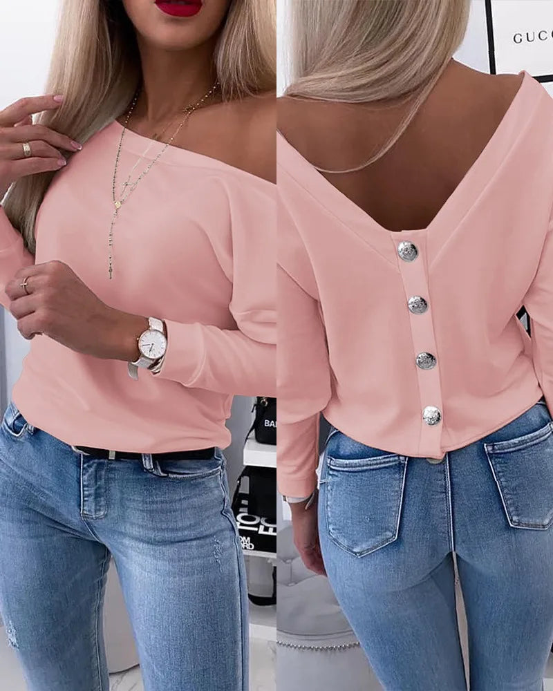 Women's Polyester Skew Neck Long Sleeves Solid Pattern Blouse