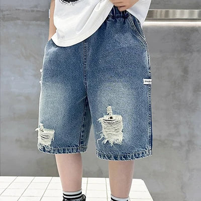 Kid's Cotton Mid Elastic Waist Closure Casual Wear Denim Shorts