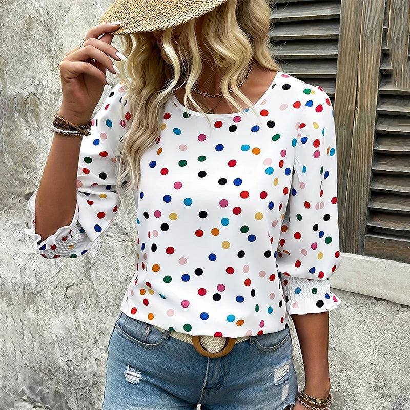 Women's Polyester O-Neck Long Sleeves Dotted Pattern Mini Blouse