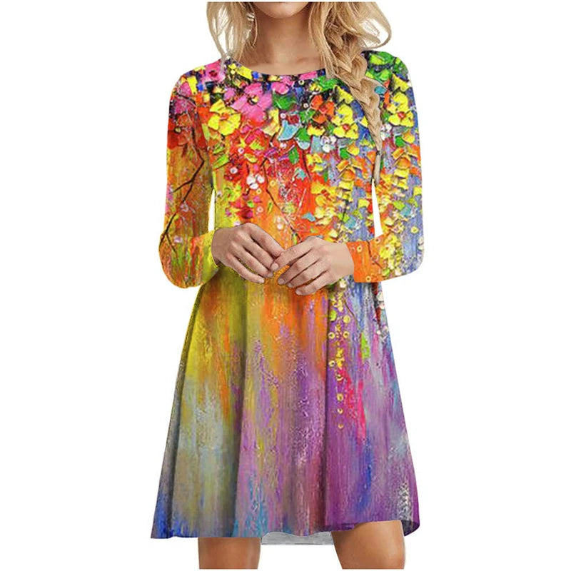 Women's Polyester O-Neck Long Sleeves Mini Casual Floral Dress