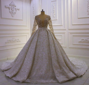 Women's V-Neck Long Sleeves Court Train Bridal Wedding Dress