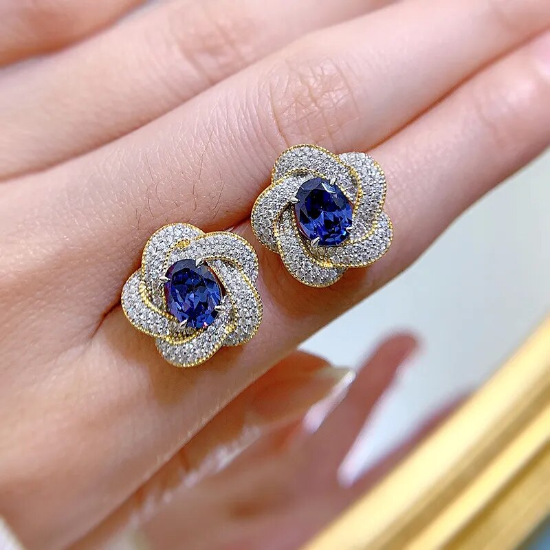 Women's 100% 925 Sterling Silver Sapphire Classic Stud Earrings