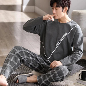 Men's Cotton Full Sleeve O-Neck Plaid Pattern Pullover Sleepwear