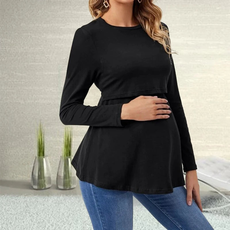 Women's Polyester O-Neck Long Sleeves Breastfeeding Maternity Top