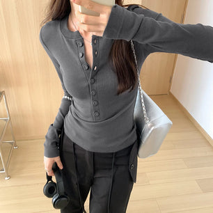 Women's Polyester O-Neck Long Sleeves Solid Pattern Pullover Tops