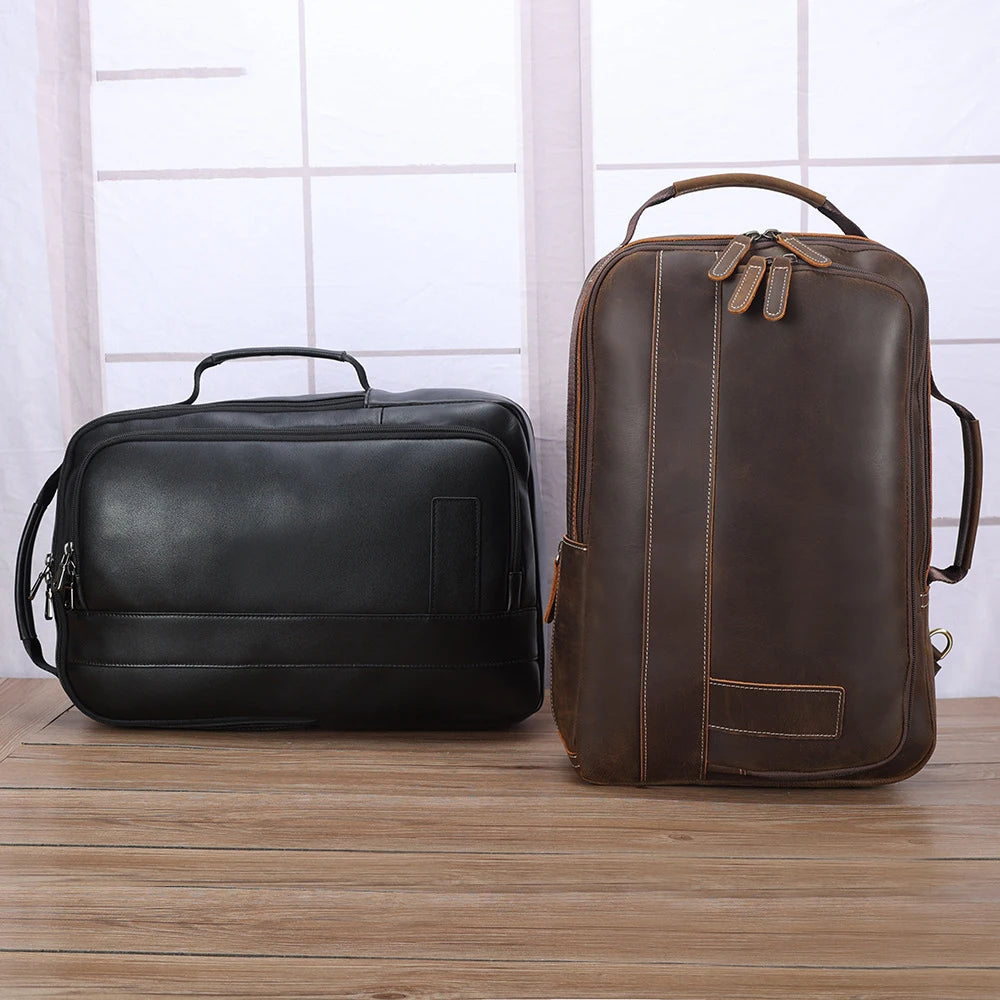 Men's Genuine Leather Solid Pattern Zipper Closure Backpack