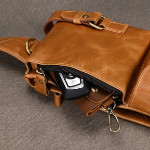 Men's Genuine Leather Solid Pattern Zipper Closure Waist Pack