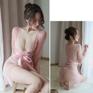 Women's Spandex V-Neck Long Sleeves Patchwork Sleepwear Dress