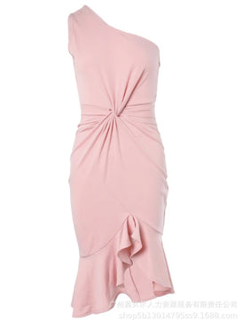 Women's Polyester Diagonal Neck Sleeveless Pleated Party Dress