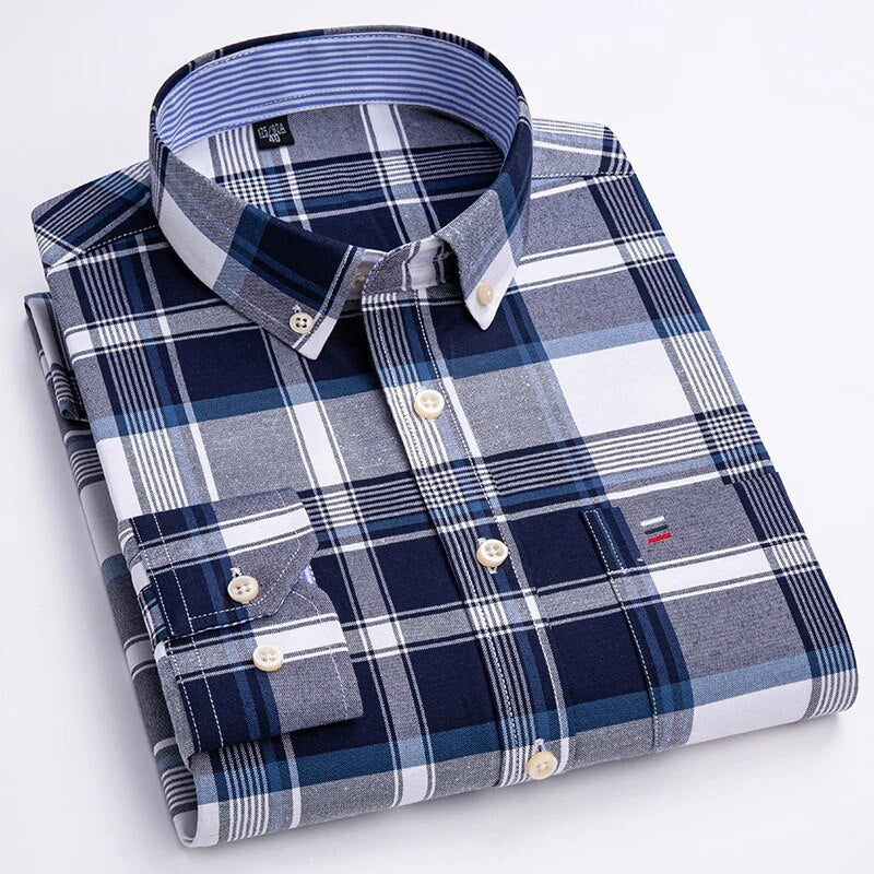 Men's Cotton Turn-Down Collar Full Sleeve Plaid Pattern Shirt