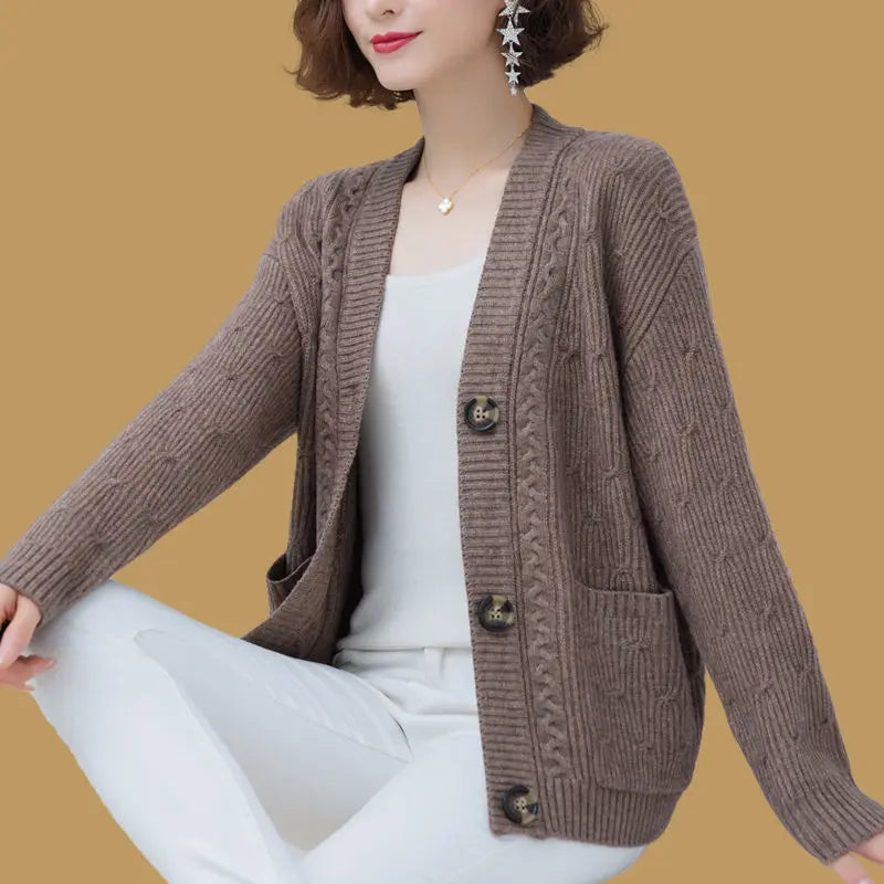 Women's Acrylic V-Neck Long Sleeve Knitted Casual Wear Cardigan