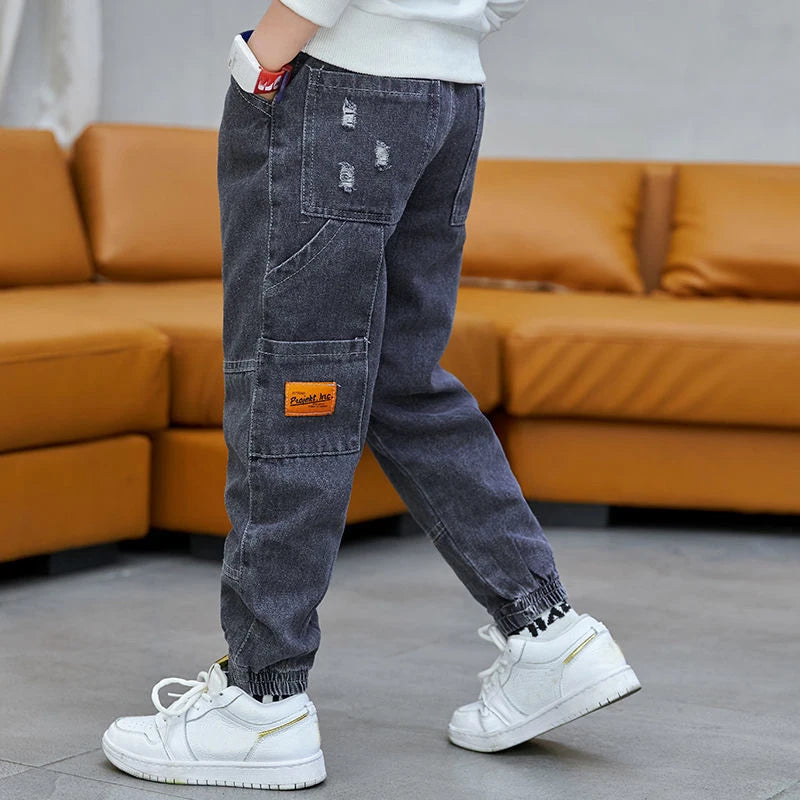 Kid's Cotton Mid Elastic Waist Closure Casual Wear Denim Pants