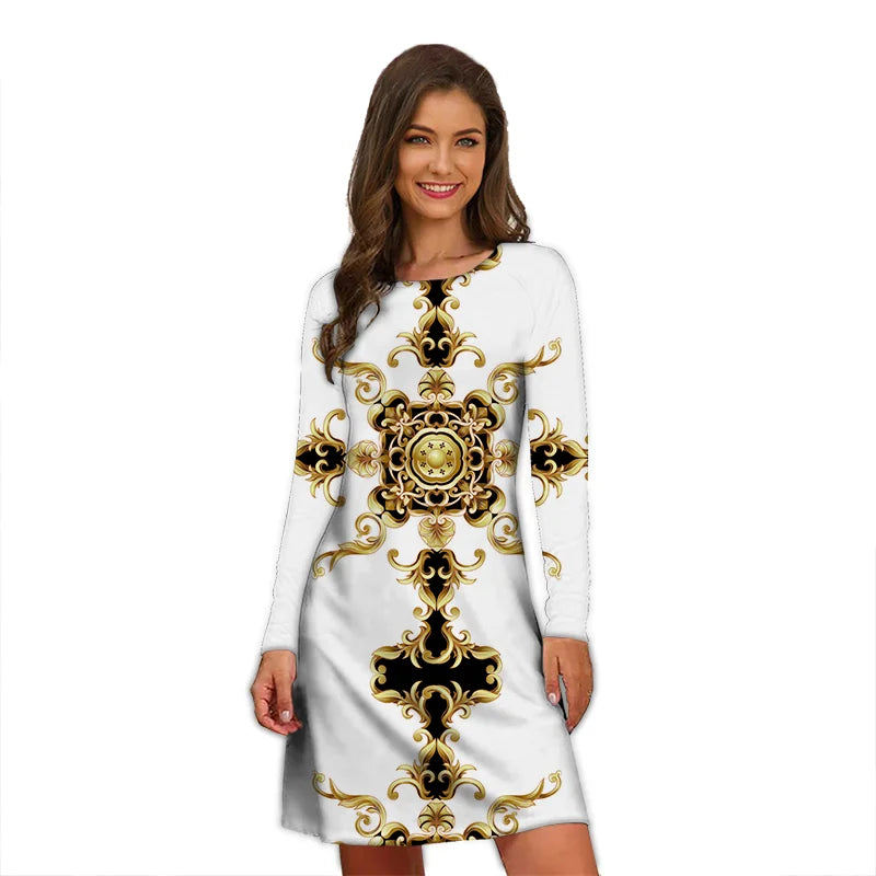 Women's Polyester O-Neck Long Sleeves Mini Casual Vintage Dress