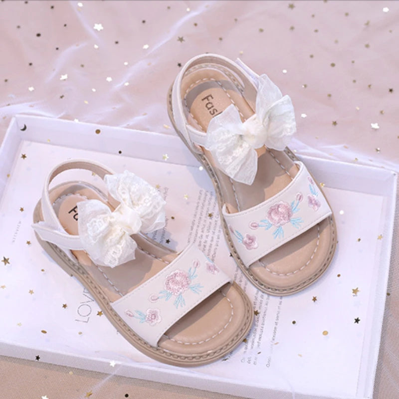 Kid's PU Open Toe Hook Loop Closure Bowknot Casual Sandals