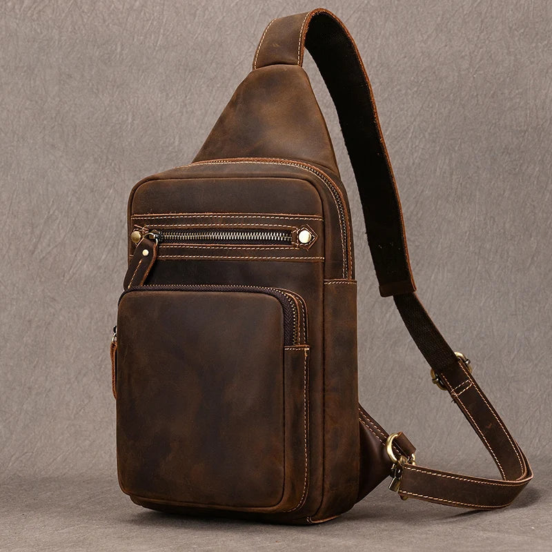 Men's Genuine Leather Zipper Closure Solid Pattern Shoulder Bag