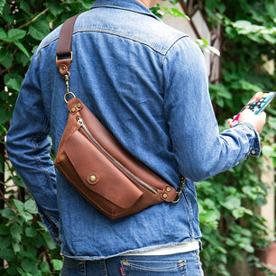 Men's Genuine Leather Solid Pattern Casual Crossbody Waist Pack