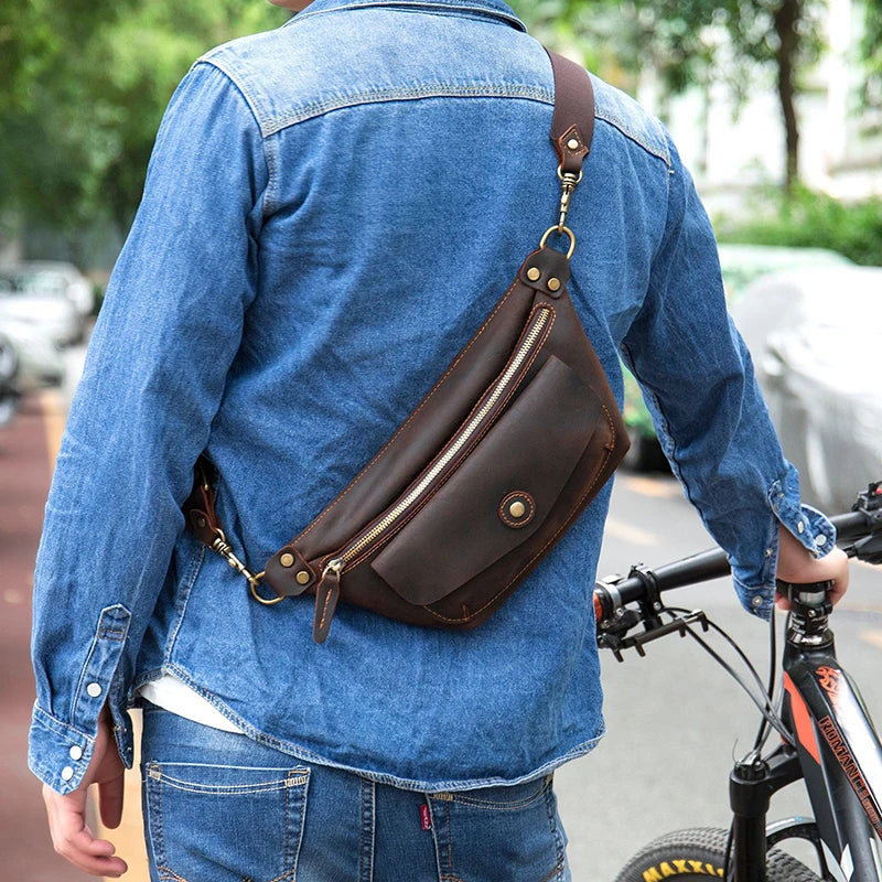 Men's Genuine Leather Solid Pattern Casual Crossbody Waist Pack