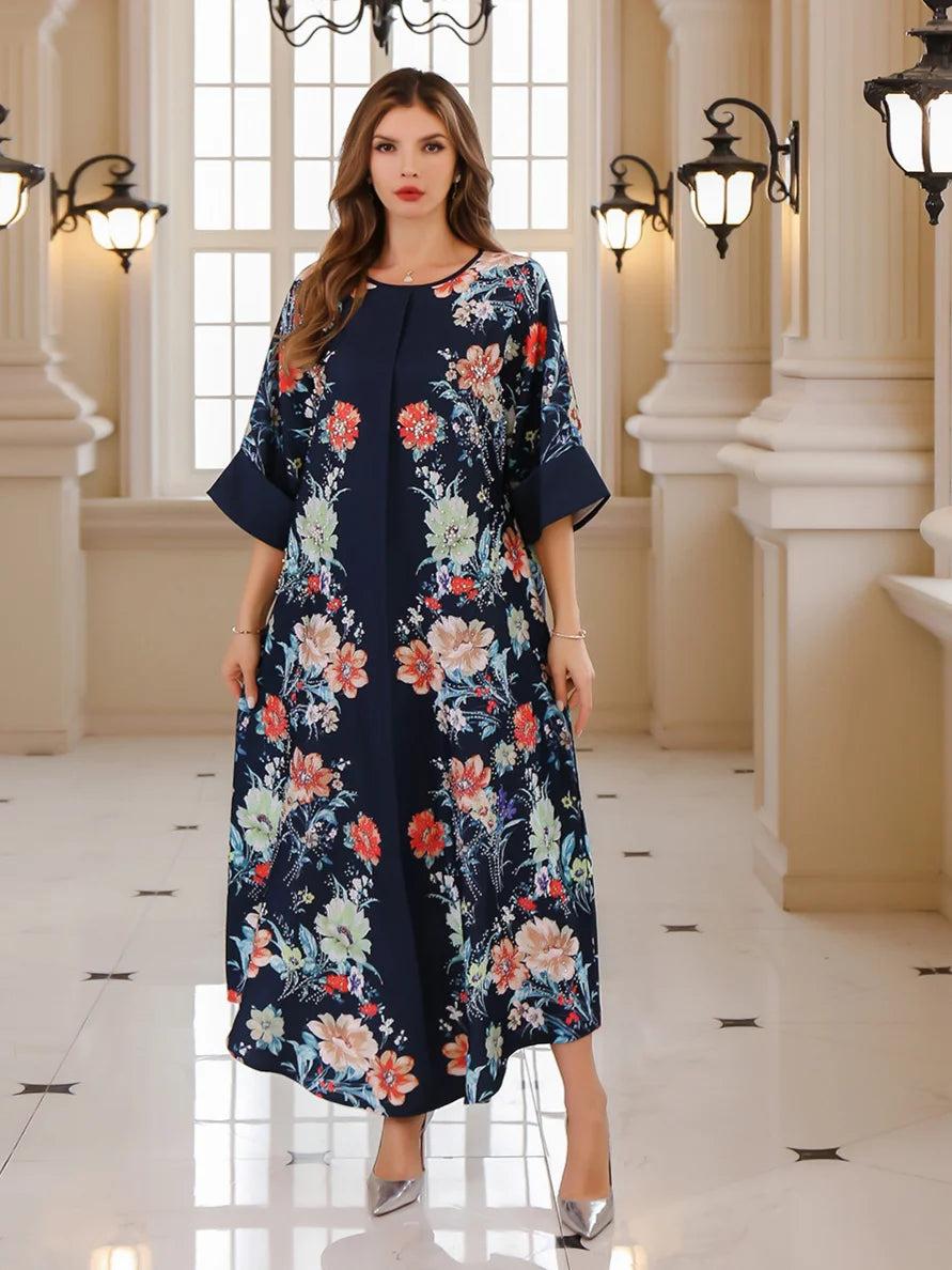 Women's Arabian Polyester Full Sleeves Floral Pattern Dress