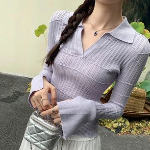 Women's Polyester V-Neck Long Sleeve Striped Pattern Casual Tops