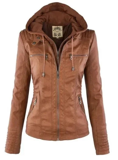 Women's Faux Leather Long Sleeves Solid Pattern Hooded Jacket