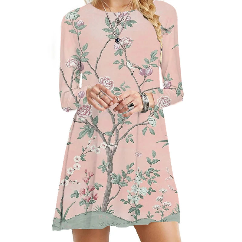 Women's Polyester O-Neck Long Sleeves Mini Casual Vintage Dress