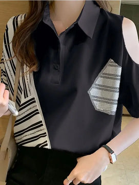 Women's Polyester Turn-Down Collar Short Sleeve Casual Wear Blouse