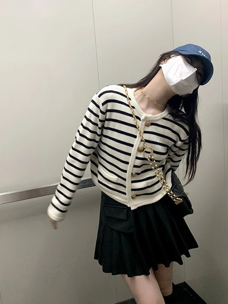 Women's Cotton Long Sleeve Single Breasted Striped Cardigan