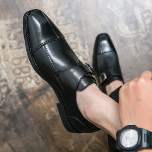 Men's Split Leather Square Toe Buckle Strap Closure Wedding Shoes