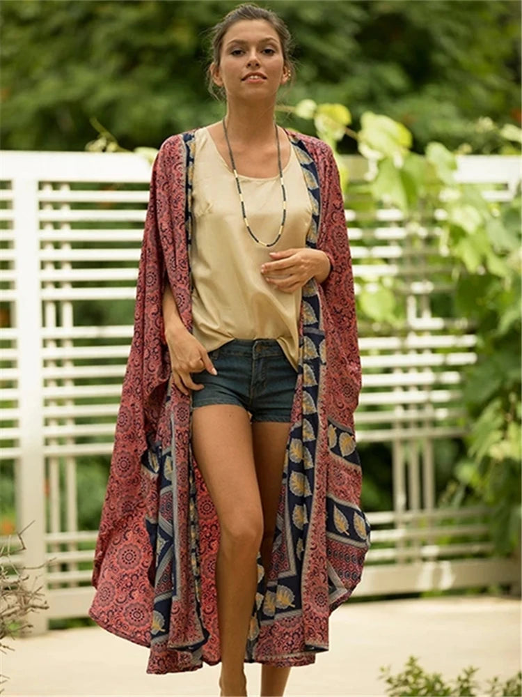 Women's Polyester Long Sleeves Printed Pattern Bathing Cover Up