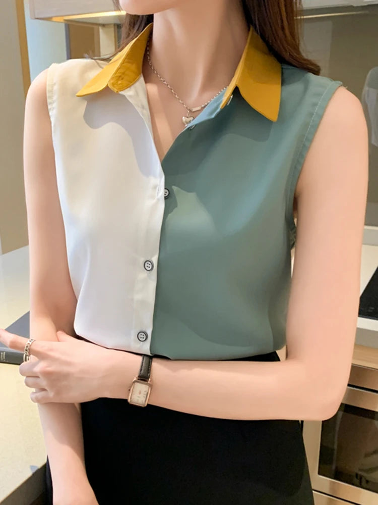 Women's Polyester Turn-Down Collar Sleeveless Casual Wear Blouse