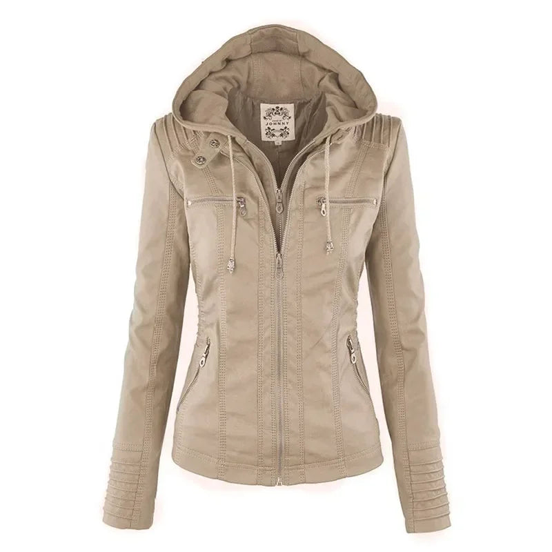 Women's Faux Leather Long Sleeves Solid Pattern Hooded Jacket