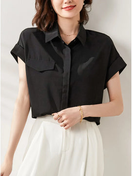 Women's Polyester Turn-Down Collar Short Sleeve Solid Blouse