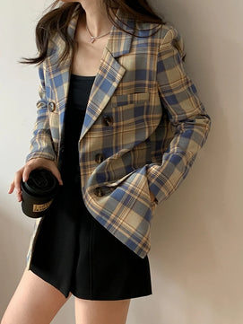 Women's Cotton Notched Long Sleeves Double Breasted Blazer