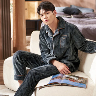 Men's Flannel Turn-Down Collar Long Sleeves Sleepwear Pajamas Set