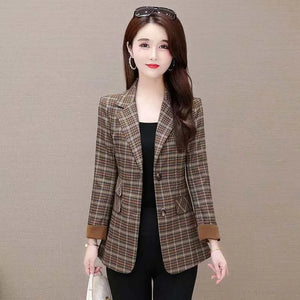 Women's Notched Collar Full Sleeves Single Breasted Plaid Blazers